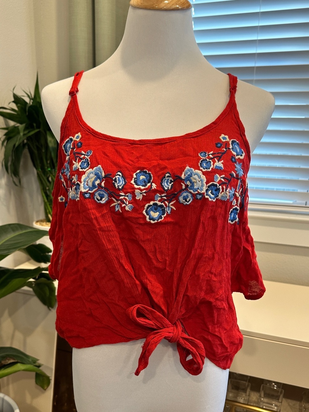 Polly & Esther Red Floral Embroidered Tie-Front Cami